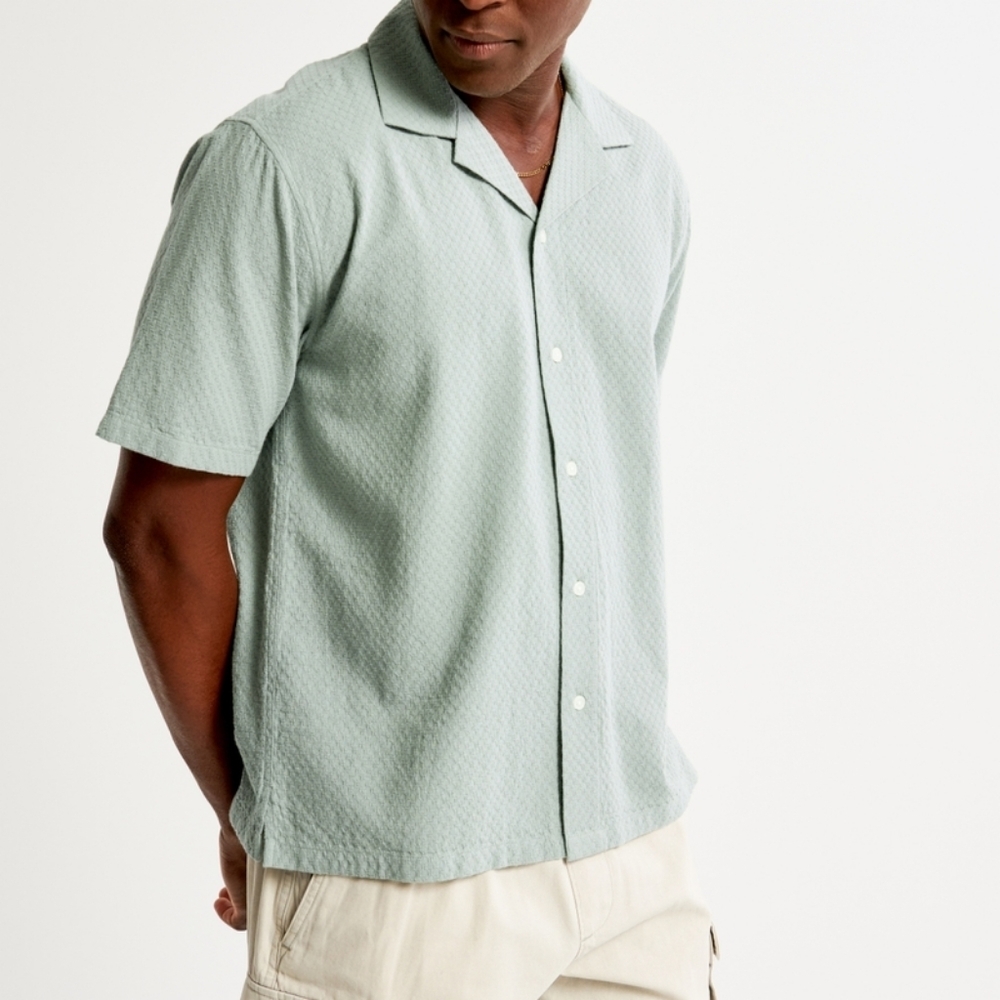 Camp Collar Textured Button-Up Shirt